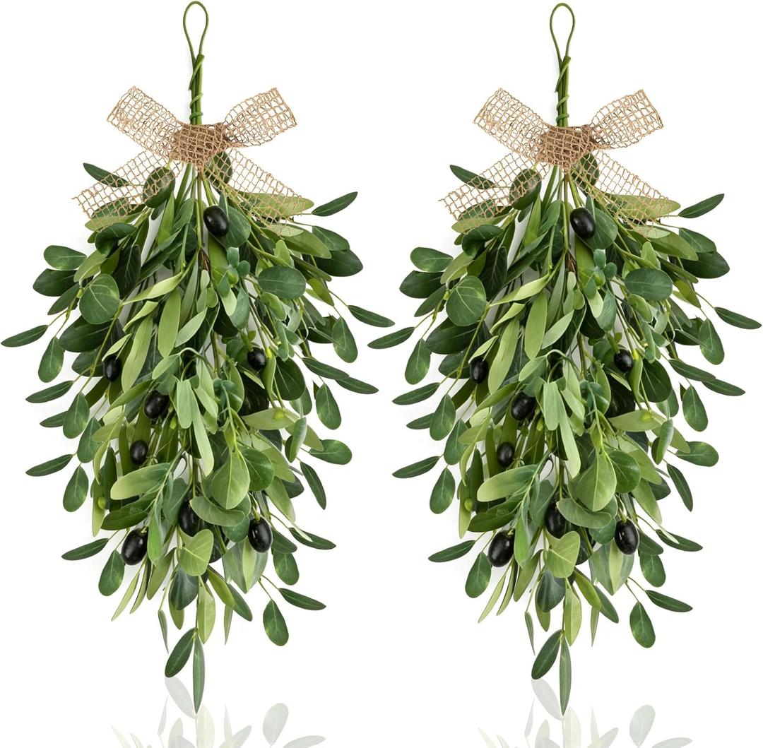 22" Spring Wreaths for Front Door 2 PCS Olive Teardrop Swag Summer Wreathswith Olive Leaf Fruit, Home Decoration for Outdoor Living Room Indoor Wall and Outside Summer All Season Wedding