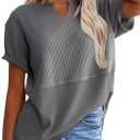 SHEWIN Womens Casual V Neck Waffle Knit Tops Short Sleeve T Shirts Loose Blouses (Gray, S)