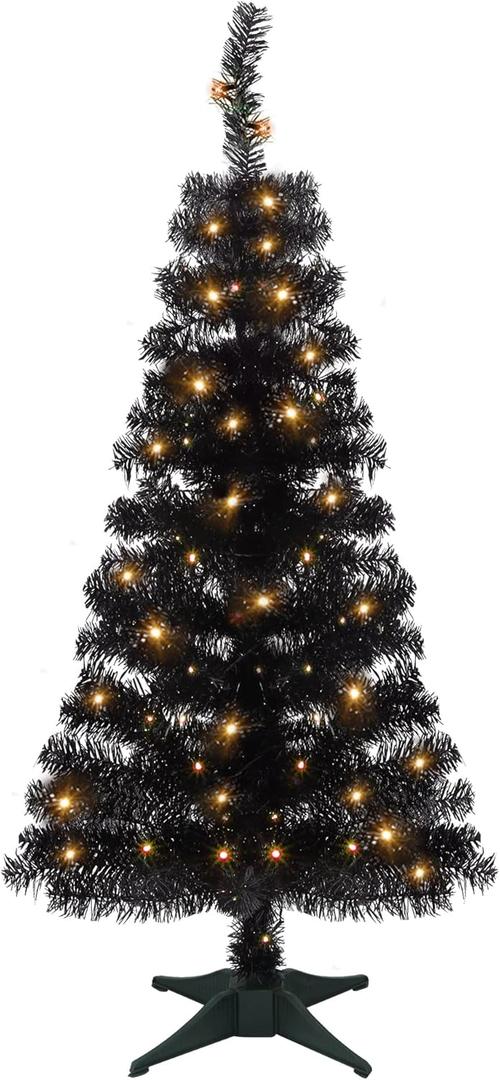 Juegoal Lighted Artificial Halloween Black Christmas Tree, 4FT Black Tinsel Pine Tree with 70 LED Purple Lights, 8 Modes & Timer for Home Party Decorations