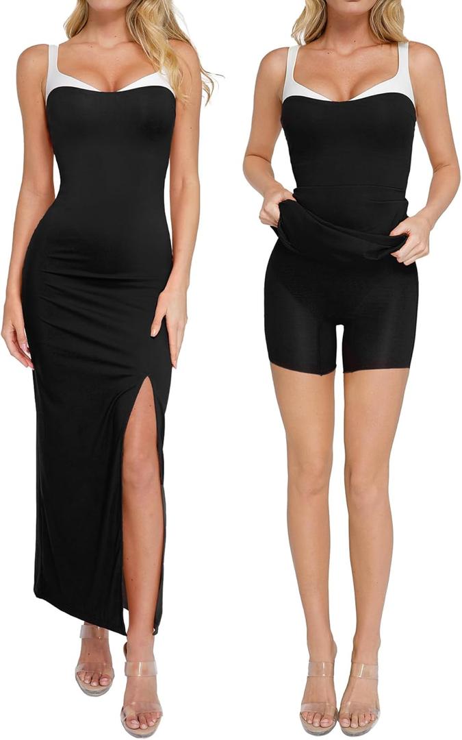 Popilush Women's Summer Maxi Dress - Shapewear Long Formal Cocktail Party Dresses Contrast Trim V Neck Bodycon Dress (Black) XL
