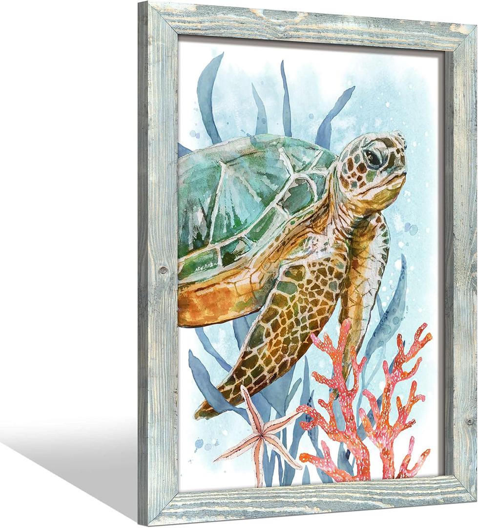 Bathroom Wall Art Wooden Decor: Sea Turtle Ocean Animal Framed Picture Marine Life Coral Beach Painting Vertical Underwater Creatures Coastal Print Artwork for Bedroom Kitchen (18"L x 24"W)