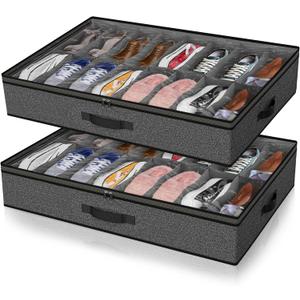 2 Pack Under Bed Shoe Storage Organizer for Closet, Fits Total 32 Pairs Foldable Underbed Shoes Containers Boxes Under the Bed Storage Bedding with Sturdy Handles&Clear Window for College Dorms, Grey (2 Shoes (16+16 Cells) Linen-like Basalt Grey)