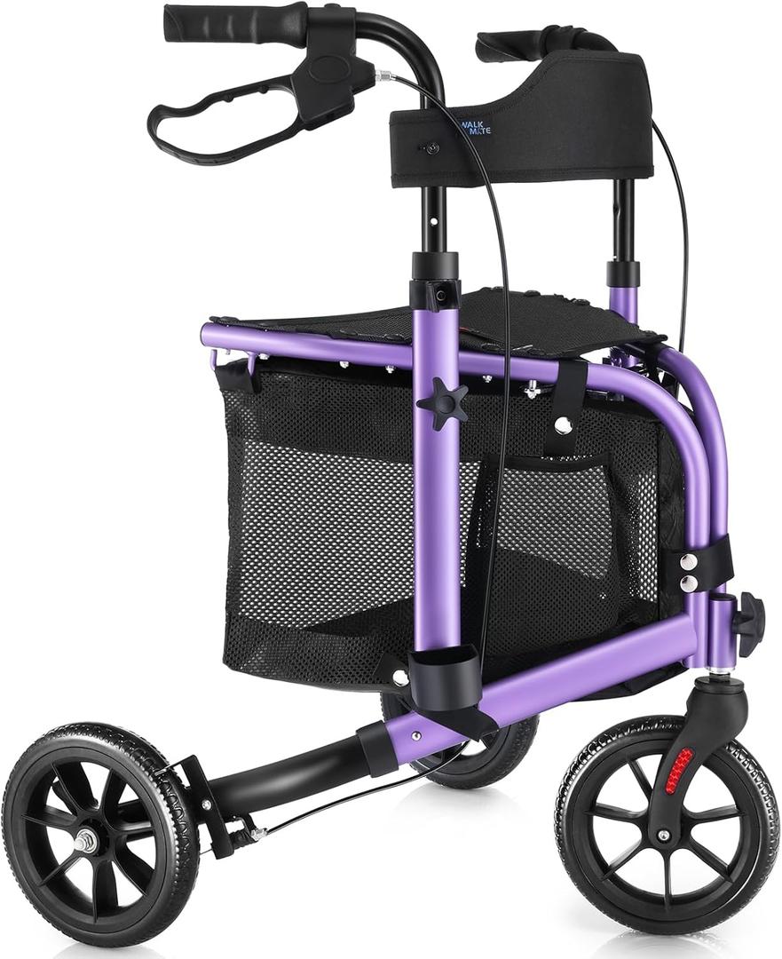 WALK MATE 3 Wheel Rollator Walker with Seat for Slim Seniors, Padded Backrest Lightweight Foldable Travel Walker Ideal for Elderly, 8 Inch Tri-Wheel Modern Mobility Walking Aid Aluminum, Purple
