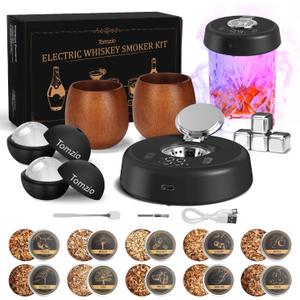 Electric Whiskey Smoker Kit, Father's Day Whiskey Gift for Dad, Rechargeable Cocktail Smoker with 7 Color Lights, Gift Set with 2 Wooden Whiskey Glasses, 10 Wood Chips, Ice Molds & Steel Cubes