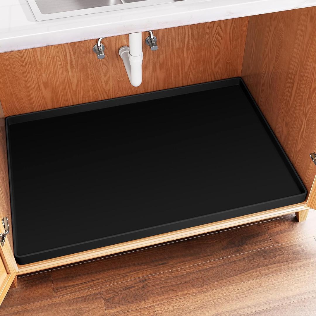 FLATO Waterproof Under Sink Mat 19" x 19" Shelf Liner for Kitchen and Bathroom, Cabinet Protector, Organizers and Storage, Flexible Silicone Drip Tray (Black)