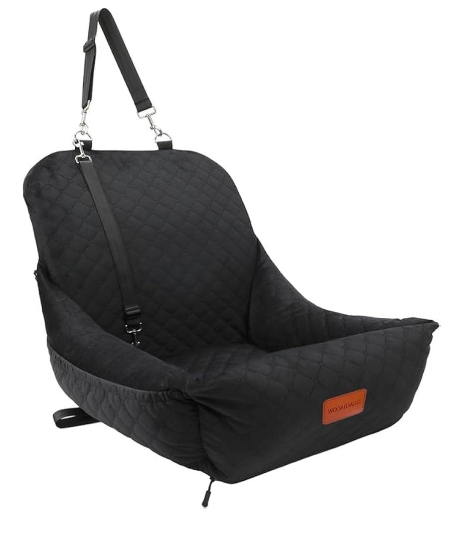 Dog Car Seat for Small Dogs Up to 25 lbs,Covered Ultra-Soft Fabric and Fill in Memory Foam,Fully Detachable and Washable,2 Clip-On Safety Leashes and Storage Pockets, Black 