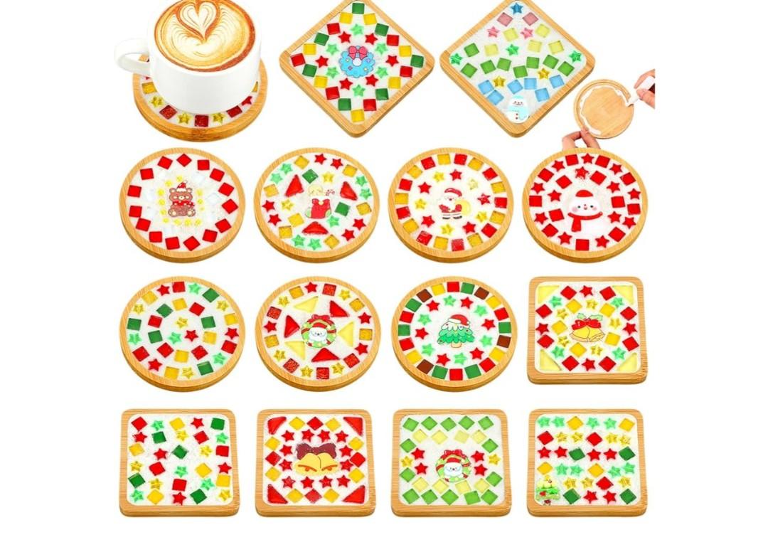 Reallnaive 14 Sets Valentines DIY Mosaic Tiles for Crafts Mixed Color Glass Mosaic Kits Xmas DIY Coasters Kit Make Your Own Stained Glass Coaster for Handmade Holiday Decoration Gift (Stylish Style)