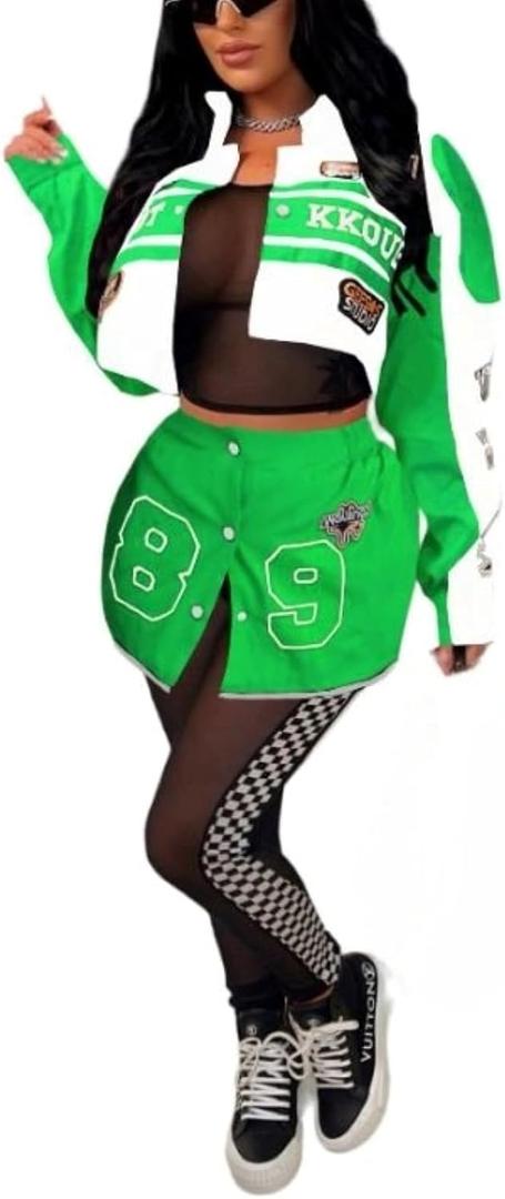 Women Varsity Jacket Detachable Skirt Set 2 Piece Motorcycle Biker Race Car Driver Costume Cropped Bomber Streetwear (Pink, XXL)