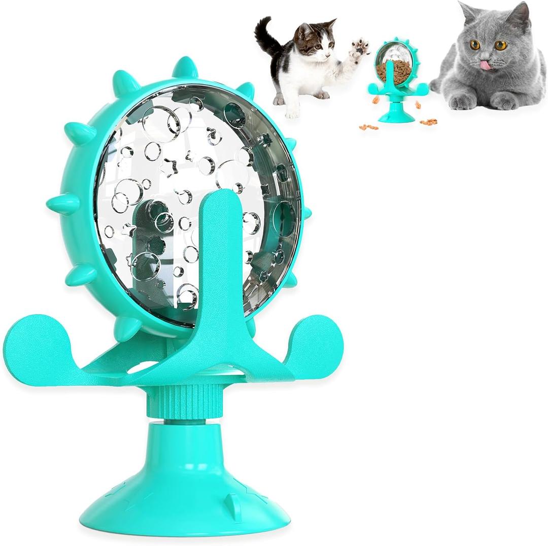 Cat Dog Treat Dispenser Toy - Cat Interactive Feeder Pet Food Toys Feeder 360 Degree Rotating Food Leakage Device Rotate with Strong Suction Cup Money Wheel Shape (Lake Blue)