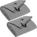 VIVIDLY 2 Pack 16" x 24" Tri-fold Golf Towels, Premium Microfiber Fabric Waffle Pattern with Gray Heavy Duty Carabiner Clip, Orange Golf Towels for Golf Bags for Men (Gray)