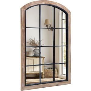 Farmhouse Arch Wood Window Mirror, 24X36 Decorative Arch Wall Mirror, Wood Framed Rustic Mirror Metal Inner Frame Wall Decor for Entryway & Living Room,Natural