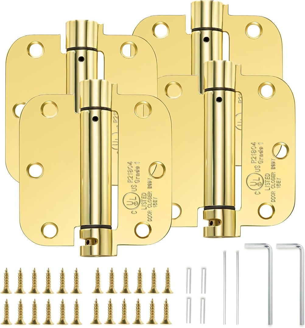 Sophia 4 Pack Self-Closing Door Hinge 3.5 Inch Rounded 5/8 Radius, Spring Loaded Hinges Adjustable Tension, Automatic Door Closer Hinge for Interior Exterior Residential Standard Indoor Doors, Gold (Polished Brass)