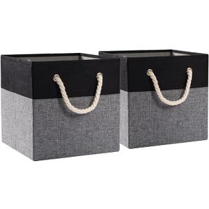 Large Foldable Cube Storage Bins 13x13 inch [2-Pack] Fabric Linen Storage Baskets Cubes Drawer with Cotton Handles Organizer for Shelves Nursery Closet Bedroom Black