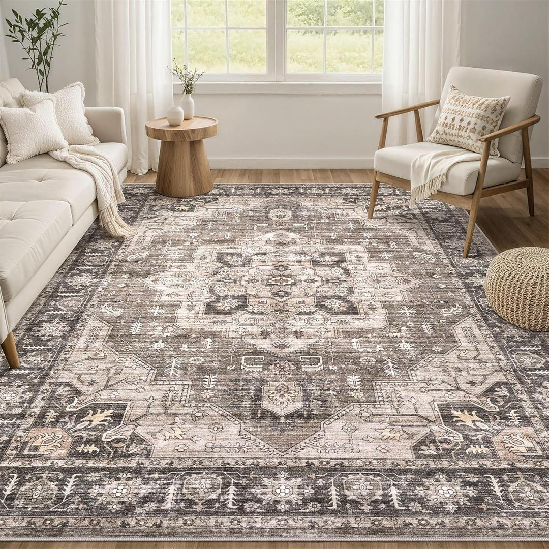Area Rug 7x9 Washable Vintage - Soft Traditional Rugs for Living Room Large Non Slip Backing with Low Pile Farmhouse Oriental Retro Carpet for Bedroom Dining Room or Home Office - Dark Brown