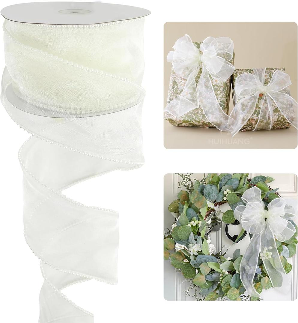HUIHUANG Sheer Wired Ribbon 2.5 inch White Pearl Edges Wire Ribbon for Gift Wrapping, Bows Making, Wreaths Decor, Wedding Bridal Shower Decor- Continuous 10 Yards (Ivory)