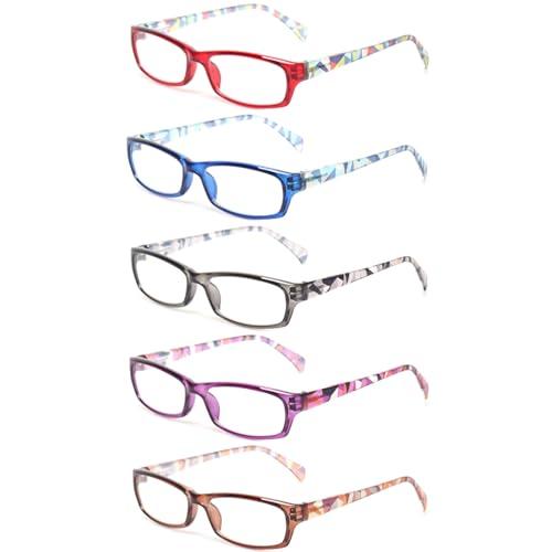 Kerecsen Reading Glasses 5 Pairs Fashion Ladies Readers Spring Hinge with Pattern Print Eyeglasses for Women (Multicolor, 1.5, x)