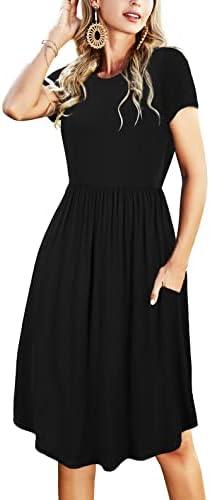 Simier Fariry Womens Summer Pocket Knee Length Teacher Casual Dress Knit Fit Flare Short Sleeve Midi Work Travel Outfits, Medium, Black 