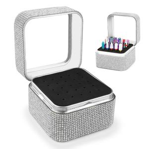 Nail Drill Bits Holder Rhinestone Case Box- 25 Holes Dustproof Portable Storage Box Efile Nail Bits Displayer Organizer Container for Manicure Tools (Silver)