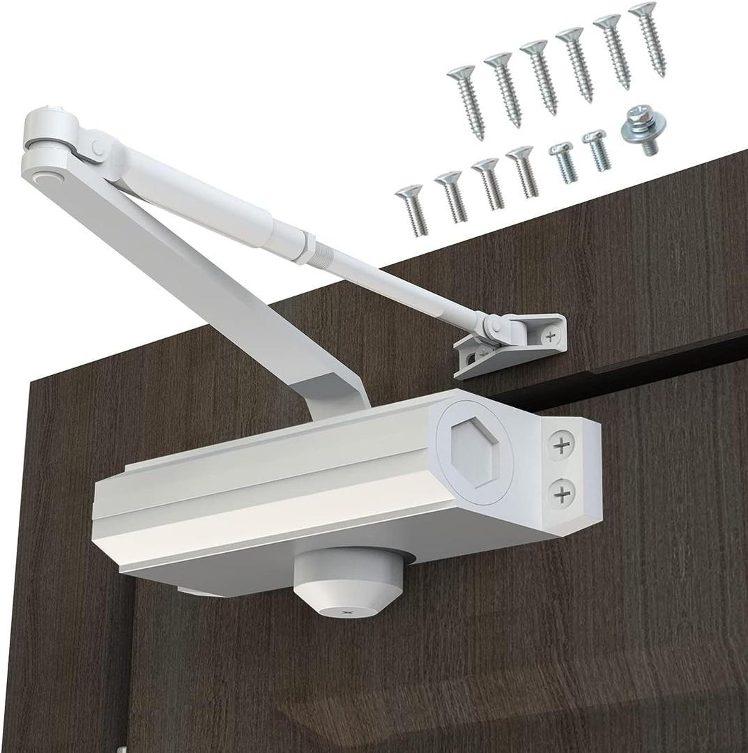 Automatic Door Closer Heavy Duty Fire Prevention Spring Hydraulic Aluminum Alloy Surface Mounted Residential Commerical Door Closer Hold Open Adjust Speed Door Weights 99-187 Lbs Size2-White