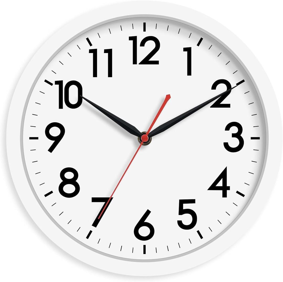 AKCISOT Wall Clock Silent Non Ticking Modern Wall Clocks Battery Operated 10 Inch, Analog Small Classic Clock Decorative for Bedroom, Kitchen, Home Office, Bathroom, School, Living Room (White)