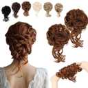 2PCS Messy Bun Hair Piece Tousled Updo with Tendrils Wavy Curly Hair Bun Scrunchies Ponytail Extension Elastic Band Hairpieces For Women (Light Auburn)