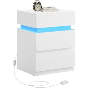 VASAGLE Nightstand with LED Lights, Adjustable Light Colors, Bedside Table, Side Table with 3 Drawers, Modern Style, 13.8 x 15.7 x 21.7 Inches, Cloud White LET630T12, 1 PACK