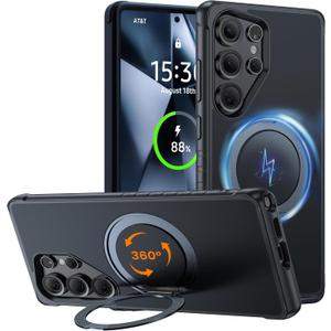 All-in-one 360 Rotatable Stand Case Designed for Samsung Galaxy S25 Ultra Case [18FT Military Drop Protection] [Compatible with MagSafe] S25 Ultra Case 6.9'' 2025, Opaque Black.