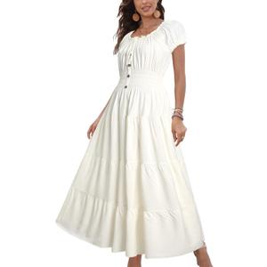 OSTOO Women's 2026 Summer Short Sleeves Boho Floral Print Tiered Casual Flowy Long Maxi Dress (Small, Off-white)