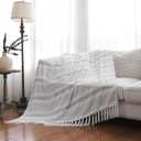 IKATYARN Grey White Striped Chenille Throw Blanket, Velvety Gray and White Rustic Decorative Chair Throw with Fringe, 50 x 60 Inches