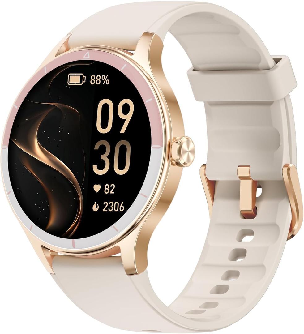 TOOBUR Smart Watch for Women, 40mm HD Smartwatch, Compatible with Android & iOS, Answer/Make Calls, Fitness Watch with Step/Calorie/HR Tracker, IP68, Gorgeous & Comfy, Gift for Women, Beige