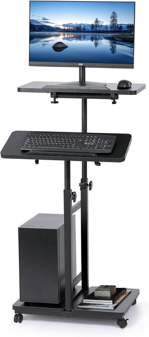 Mobile Laptop Stand Desk, Standing or Sitting Rolling Computer Cart with Tower Stand, Adjustable Height 27.5" to 47.2" Portable Laptop Table Home Office Computer Workstation, Locking Wheels (Black)