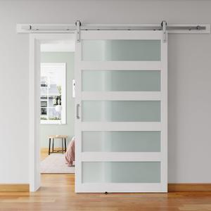 48'' x 84'' Glass Barn Door and 8 Ft Brushed Nickel Hardware Kit Included, MDF White Barn Door Slab with Frosted Glass, PVC Surface, Combined with Handle and Floor Guide-Assembly Required