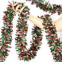 50ft Metallic Tinsel Twist Garland - Christmas Tree Hanging Decorations (Red, Green & Silver) for Indoor & Outdoor Use