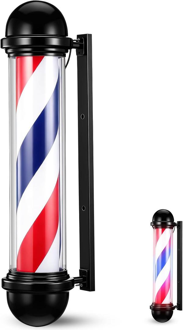 Woanger 27'' Barber Pole Light Red White Blue Stripes with LED Lights Barber Rotating Light Sign Waterproof Wall-mounted Lamp for Salon, 27.56 x 8.27 x 5.91 inches