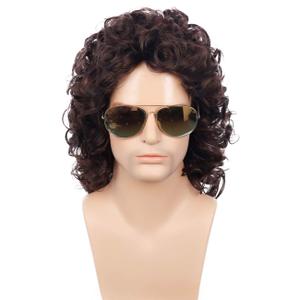 Kaneles Curly Long Wigs for Men 70s 80s Rocker Wig Dark Brown Halloween Cosplay Male Wig