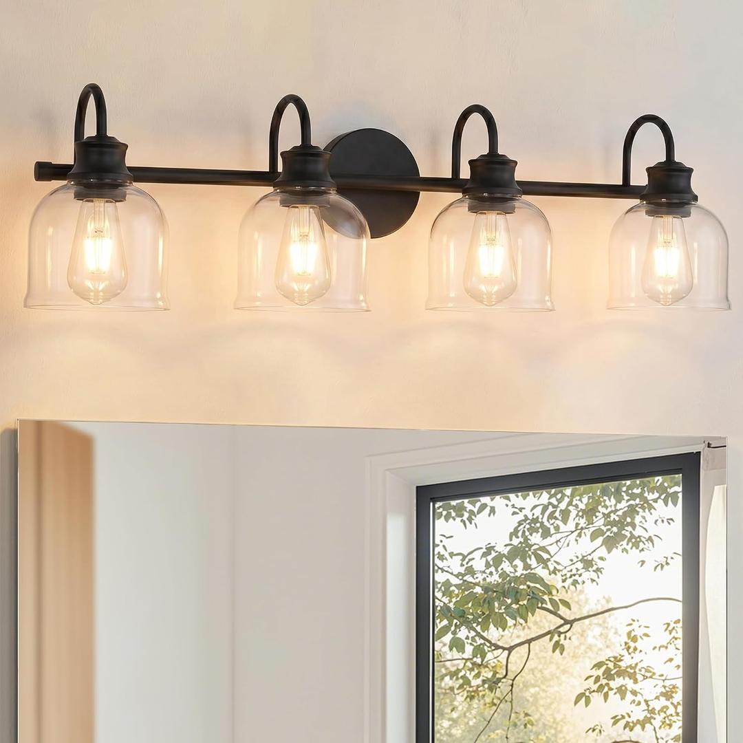 URSOLA 4 Lights 32" Bathroom Vanity Light Fixtures, Matte Black Traditional Classic Vanity Light with Clear Glass, Bathroom Lighting Fixtures Over Mirror
