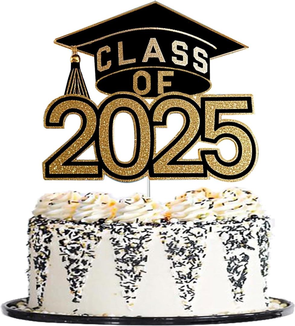 JOJO FLY Class of 2025 Cake Topper, Graduation Party Supplies, Congrats Grad 2025 Graduation Decorations, High School/College Black and Gold
