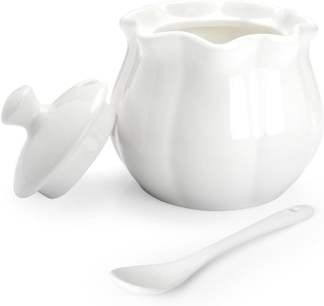 Ceramic Sugar Bowl with Lid and Spoon, Flower-Shaped Porcelain Salt Storage Jar, White Seasoning Container for Home and Kitchen, 9 Ounces