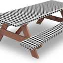 KENOBEE 8.5ft Picnic Table and Bench Cover, Camping Essentials RV Gear, 102 in Waterproof Windproof Outdoor Elastic All Around Tablecloth, Fitted Rectangle Tables and Seats, Black-White Checkered