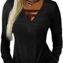 Hilinker Womens Sexy Cut Out Tops Long Sleeve V Neck T Shirts Casual Loose Tee Black Small S