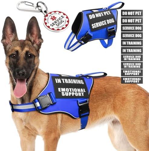 MOOGROU Service Dog Vest Harness+ID Tag+10 Patches,Metal Serivce Dog Tag&Reflective Emotional Support Dog Vest with Handle for Large Dogs,Easy Put On/Off for Training/Walking/Everyday L Blue L