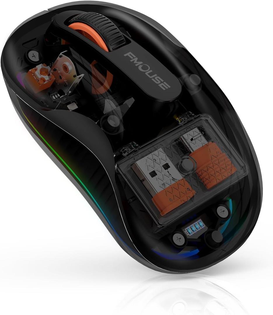 FMOUSE Novel Transparent Wireless Mouse, Tri-Mode (Dual Bluetooth+2.4GHz), USB-C Receiver Ideal for MacBook/Laptops/PC, Rechargeable, Portable, Silent, Clear Mice for Business Trips & Office - Black