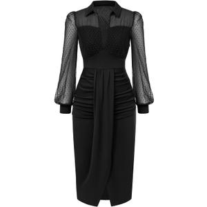 Belle Poque Womens Elegant Mesh Long Sleeve Dress for Work Ruched Dress Black XL