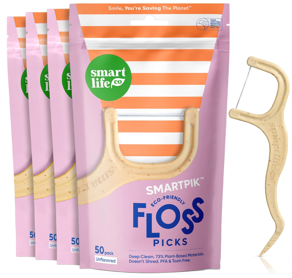 SmartLifeco EcoFriendly Dental Floss Picks (200ct)  Flossers Made With Straw Wheat Blend, Strong AntiShred Thread For Tight Gaps, Tooth Pick Stick For Adults, Soft on Gum & Teeth, Vegan, Unflavored
