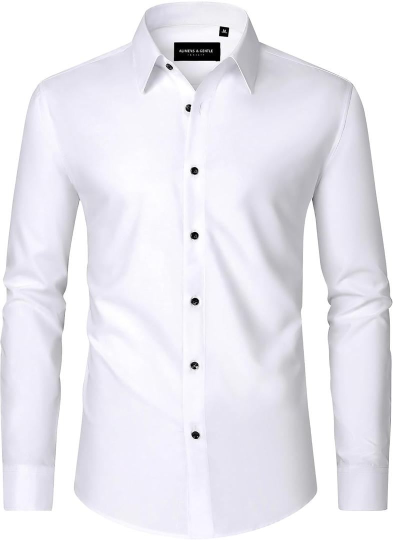 Alimens & Gentle Mens Dress Shirts Long Sleeve Wrinkle-Free Formal Shirts Wedding Dating Business Casual Button Down Shirt (Small, White)