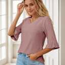 Womens 3/4 Flutter Sleeve Tops V Neck Shirts for Business Casual Loose Tunic Work Dressy Blouses (Medium, Pink)