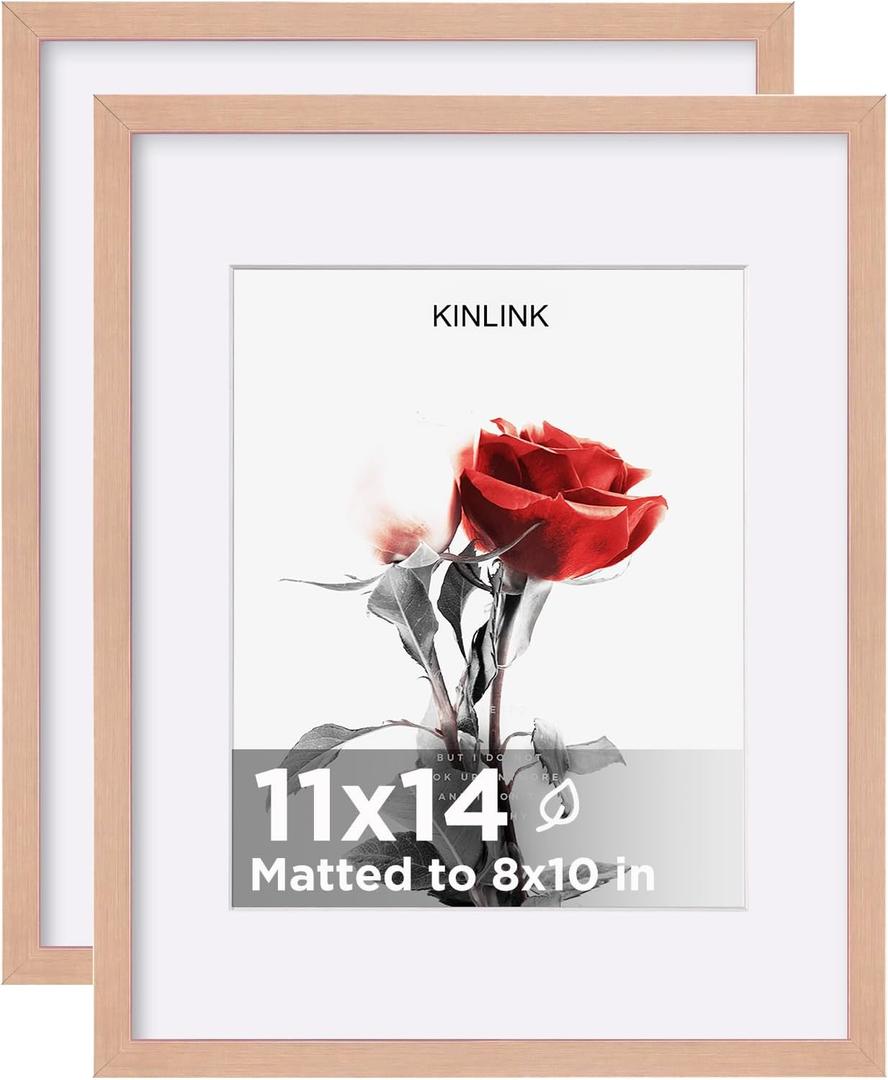 KINLINK 11x14 Picture Frame Set of 2, Wooden 14x11 Photo Frames with Plexiglass for 8x10 Picture with Mat or 11x14 Without Mat, Collage for Wall Gallery and Tabletop Display, 11 x 14 Frame Rose Gold