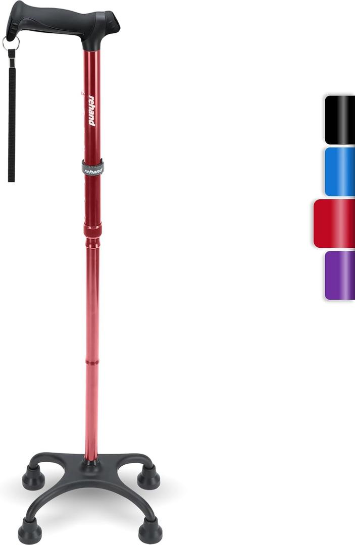 Rehand Quad Cane, Walking Cane with Ergonomic Handle Ever and Graceful 4-Pronged Base for Extra Stability, Adjustable Walking Sticks for Right or Left Handed Men & Women and Seniors (Red)
