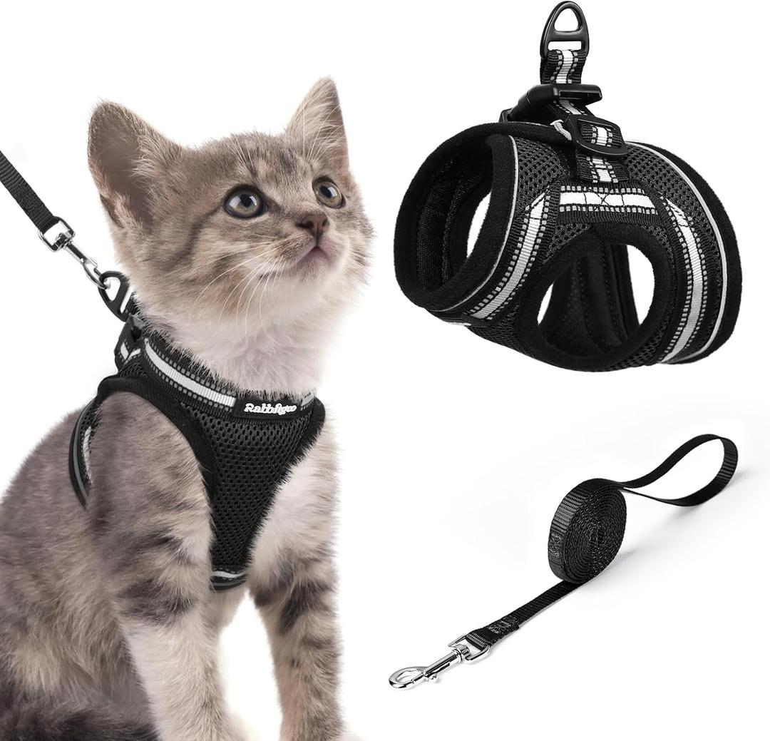 rabbitgoo Cat Harness and Leash Set for Walking Escape Proof, Adjustable Soft Kittens Vest with Reflective Strip for Cats, Comfortable Outdoor Vest, Black, S