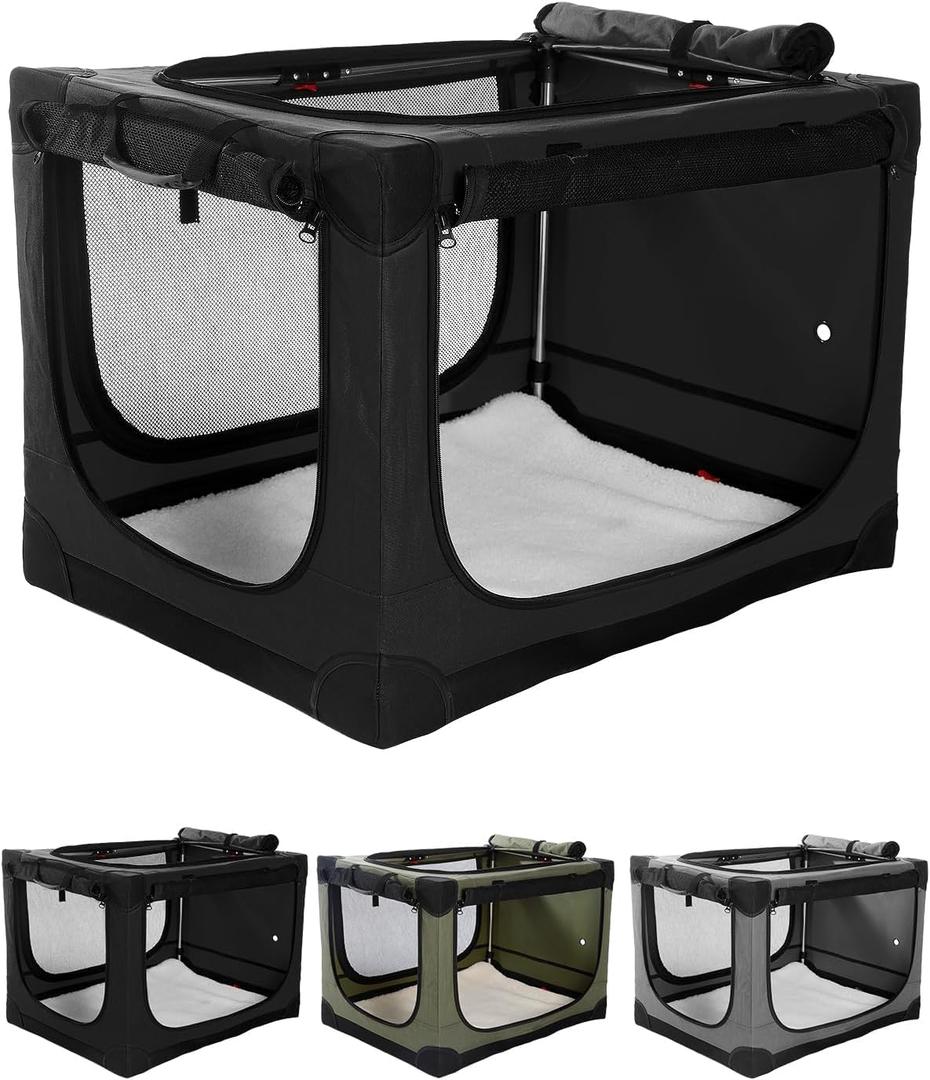Veraste 42" L x 31" W x 31" H Collapsible Travel Dog Crate, Quick-Setup Portable Soft Dog Kennel for Large Dogs up to 90 lbs, 4-Door Foldable Travel Crate with Storage Bag, Black